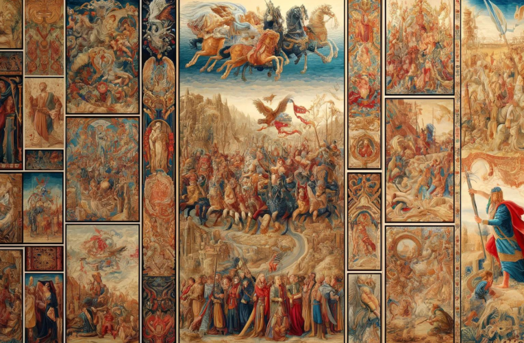 A wide image displaying a collection of storytelling tapestries from different cultures and eras, each segment intricately detailing stories such as historical battles, mythological tales, and folk stories with a rich color palette.