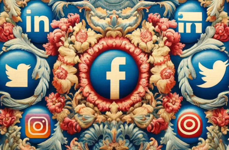 A digital tapestry with social media icons like Facebook, Twitter, Instagram, and LinkedIn woven into its design, highlighting the blend of traditional art and modern technology.