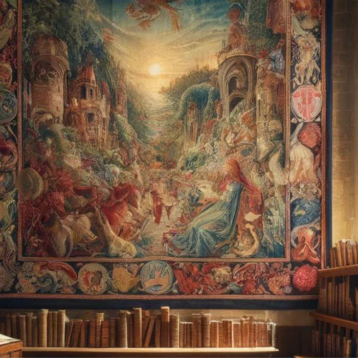 A large, colorful tapestry depicting an epic tale hangs on the wall of a cozy, medieval library reading nook, surrounded by shelves of ancient books, with soft light illuminating the scene.