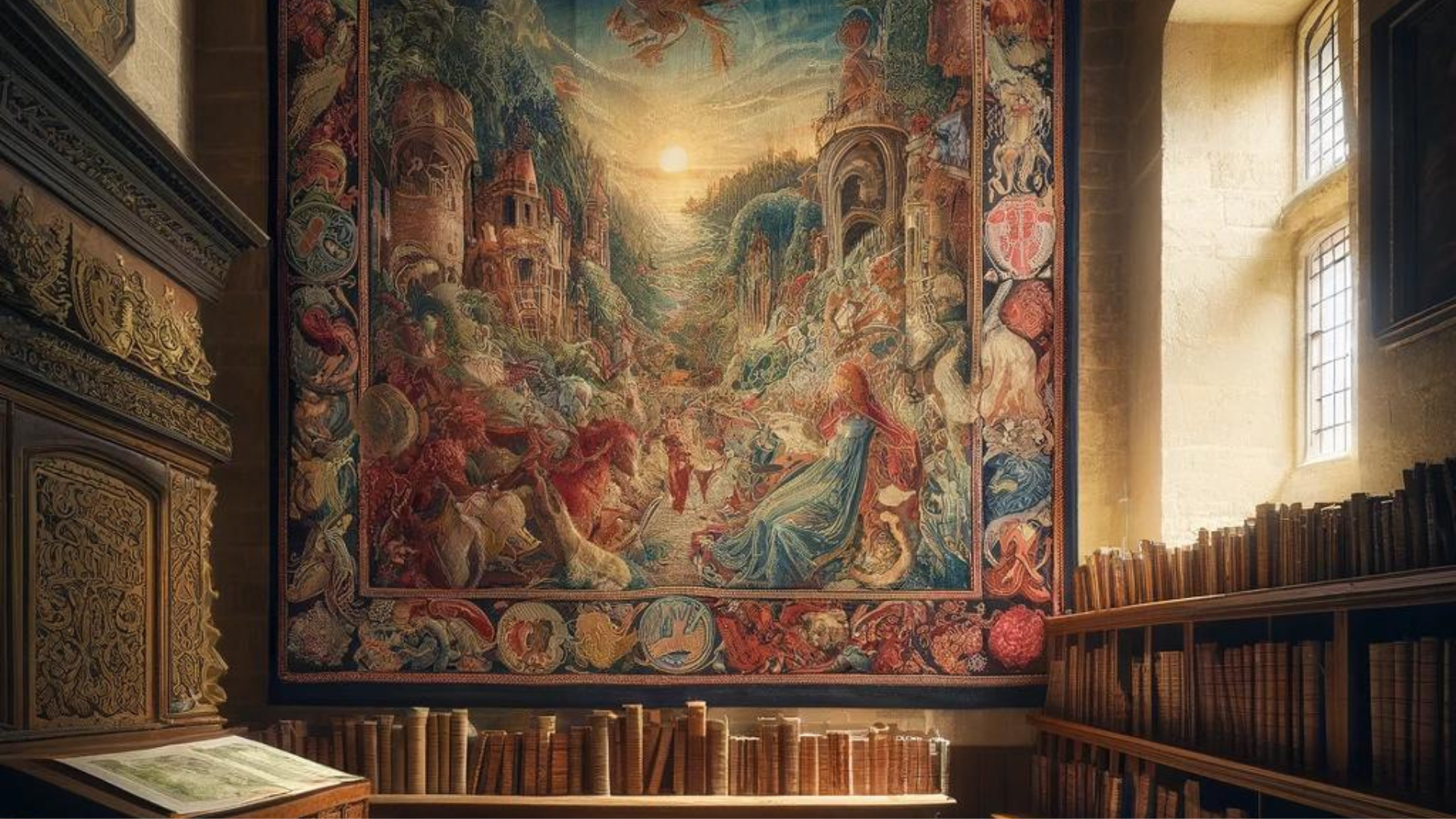 A large, colorful tapestry depicting an epic tale hangs on the wall of a cozy, medieval library reading nook, surrounded by shelves of ancient books, with soft light illuminating the scene.