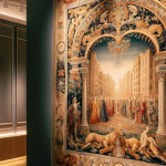 A vibrant and intricately designed tapestry displayed in a museum, illuminated by soft lighting, with a descriptive plaque providing historical context.