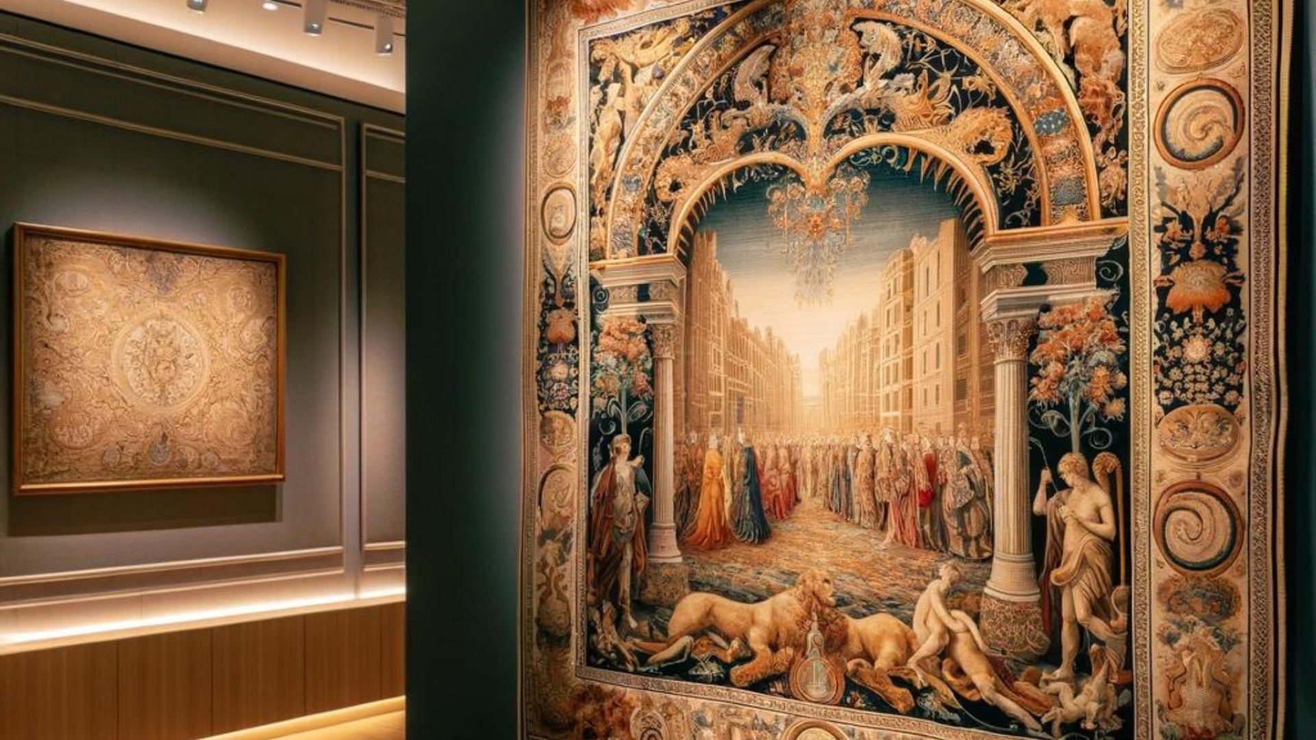 A vibrant and intricately designed tapestry displayed in a museum, illuminated by soft lighting, with a descriptive plaque providing historical context.