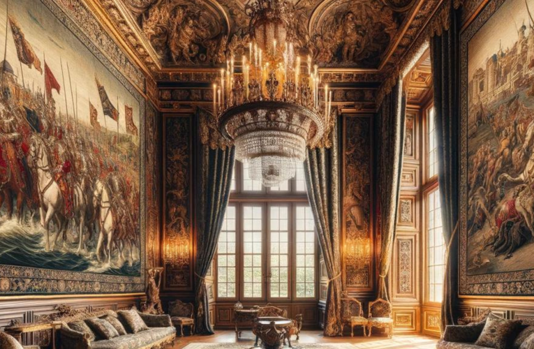 Grand room in a royal household with detailed tapestries on the walls, featuring historic battles and mythical creatures, under the glow of an ornate chandelier.