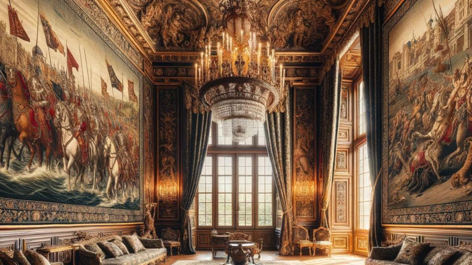 Grand room in a royal household with detailed tapestries on the walls, featuring historic battles and mythical creatures, under the glow of an ornate chandelier.