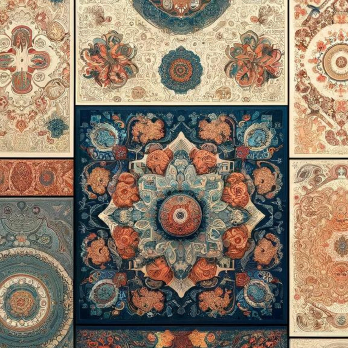 A gallery wall adorned with a diverse collection of tapestries featuring traditional and contemporary patterns, illustrating the cultural and historical significance of tapestry art.