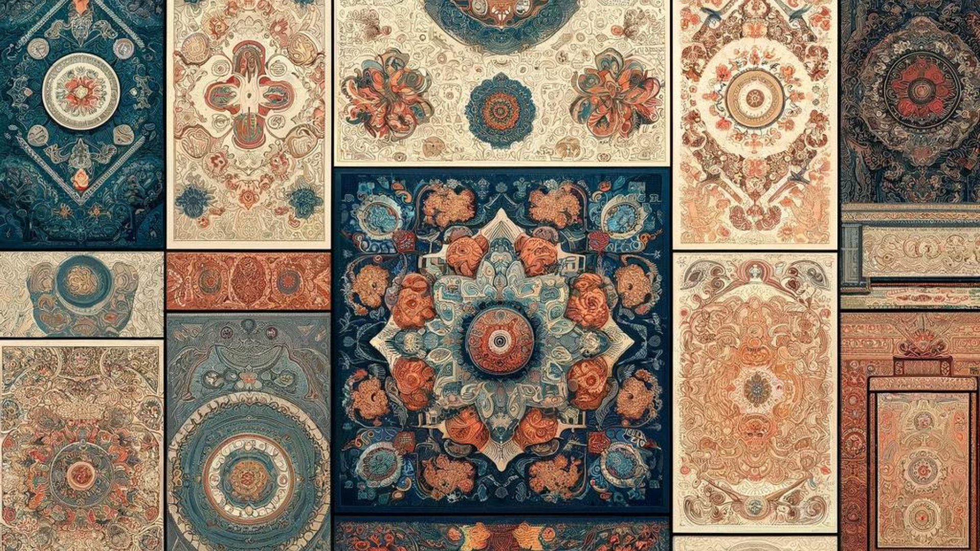 A gallery wall adorned with a diverse collection of tapestries featuring traditional and contemporary patterns, illustrating the cultural and historical significance of tapestry art.