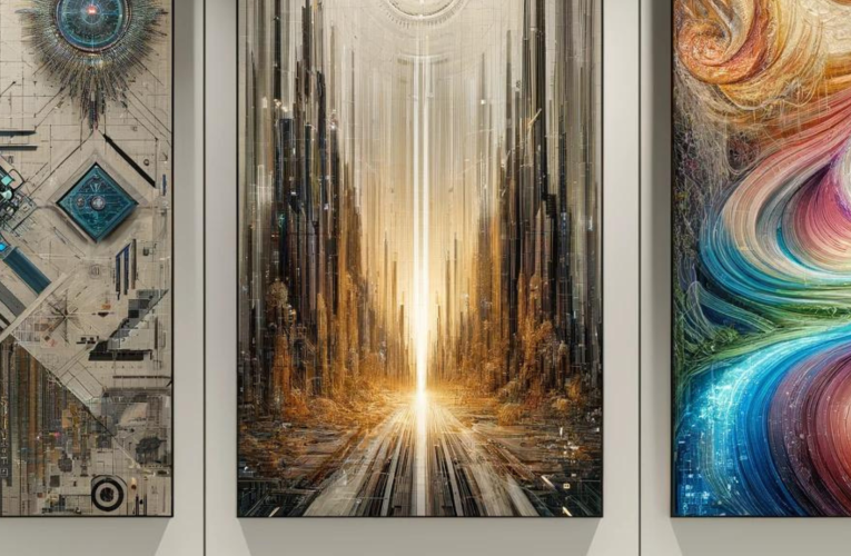 An art gallery featuring three tapestries: one with digital and geometric patterns, another with a futuristic cityscape, and a third with abstract nature themes, all under sophisticated lighting.