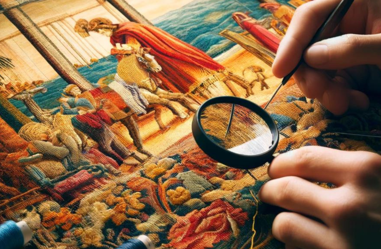 Close-up of a restorer's hands delicately working on a vibrant tapestry, surrounded by restoration tools, highlighting the art and skill of tapestry restoration.