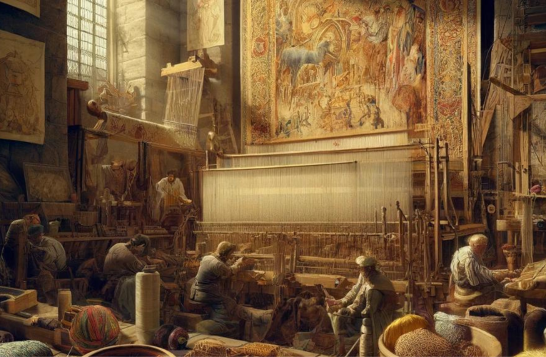 An artist's rendition of a medieval tapestry workshop, showcasing various tapestry-making techniques and materials, with artisans busily weaving a tapestry on a wooden loom.