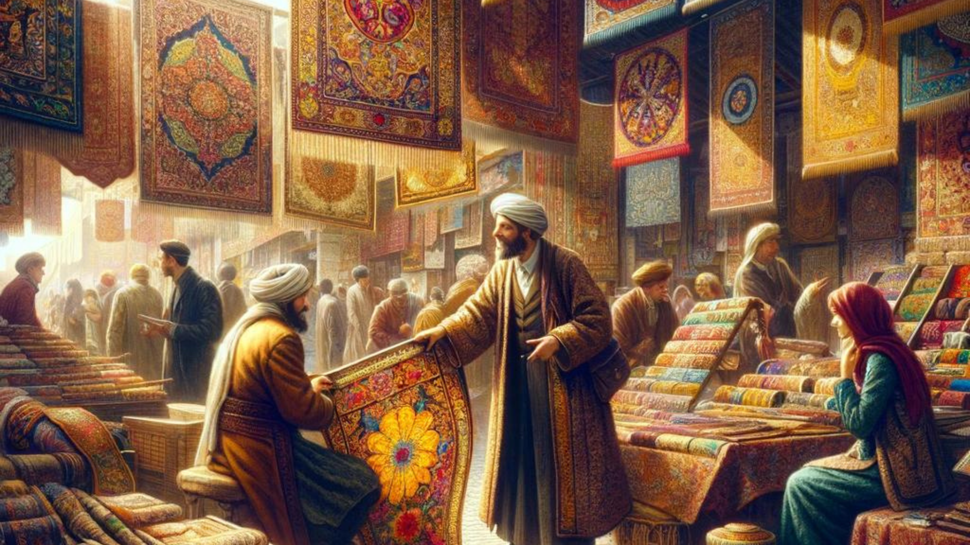 A vibrant marketplace scene with a merchant showcasing colorful tapestries to a potential buyer, surrounded by other stalls and customers.