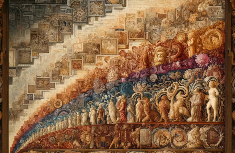 Chronological depiction of tapestry art evolution, showing styles from ancient and medieval through renaissance and baroque to modern abstract designs, set against a museum background.