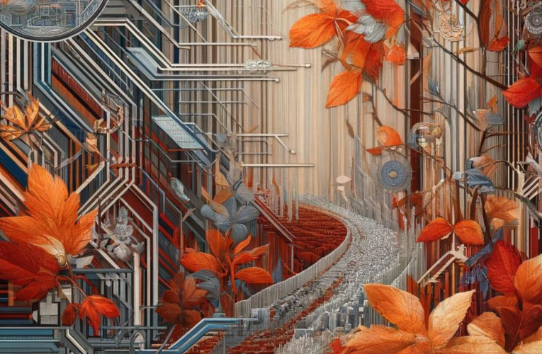 A modern tapestry titled "The Fall", blending traditional weaving with futuristic digital motifs and metallic threads in a palette of oranges, reds, and blues, displayed on a plain wall.