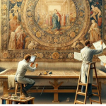 A detailed view of a tapestry restoration workshop with restorers meticulously working on an ancient tapestry, surrounded by tools and materials for repair.