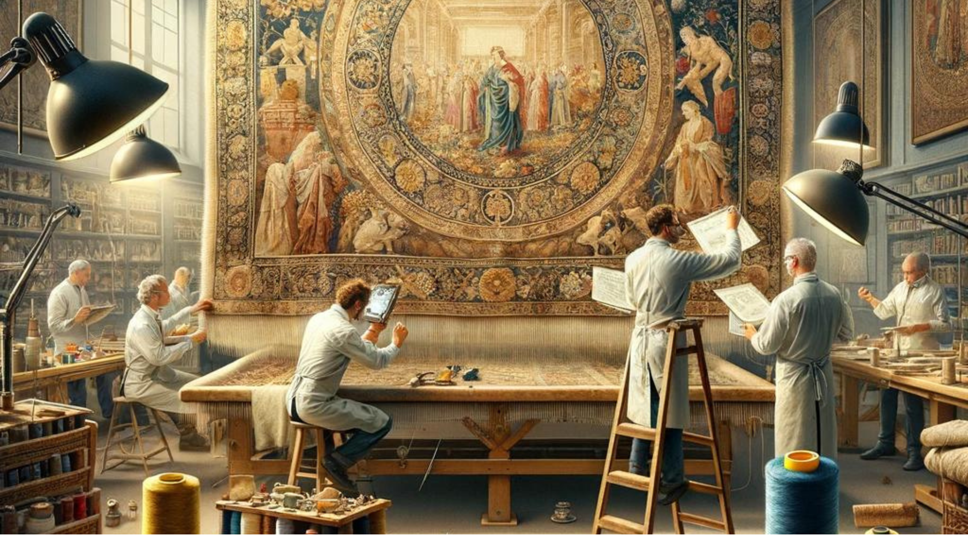 A detailed view of a tapestry restoration workshop with restorers meticulously working on an ancient tapestry, surrounded by tools and materials for repair.