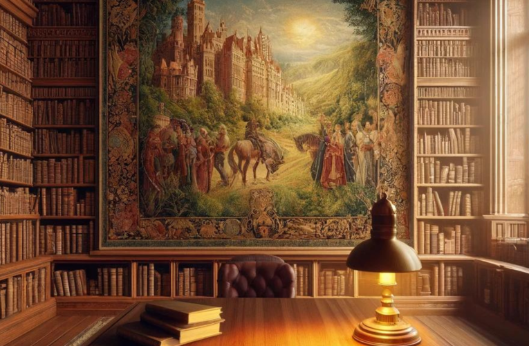 A cozy, dimly lit library room with rich wooden bookshelves, a large oak reading table, and an intricately designed medieval tapestry hanging on the wall, depicting a lush landscape with a castle, knights, and peasants.