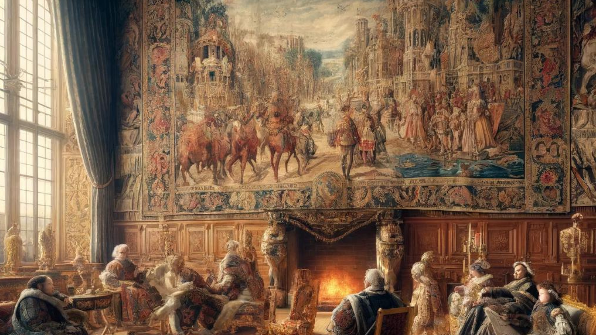 A Renaissance-era royal household interior, with nobles admiring opulent wall tapestries depicting historical battles and mythology, amidst rich furnishings and a grand fireplace, illuminated by natural light from arched windows.