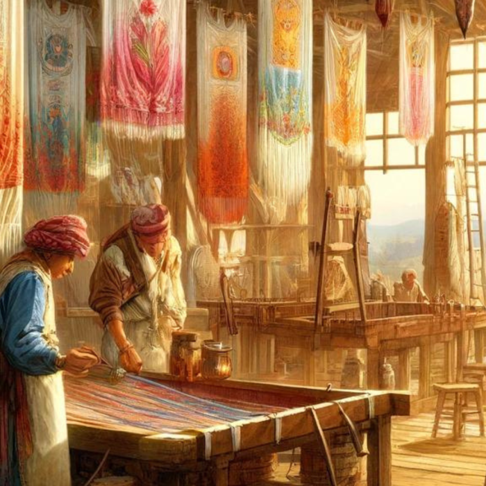 An illustration depicting the traditional process of using natural dyes in tapestry making, featuring artisans applying vibrant dyes to threads, with partially completed tapestries in the background.