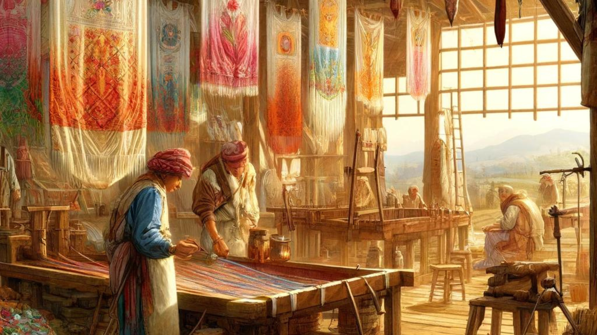 An illustration depicting the traditional process of using natural dyes in tapestry making, featuring artisans applying vibrant dyes to threads, with partially completed tapestries in the background.