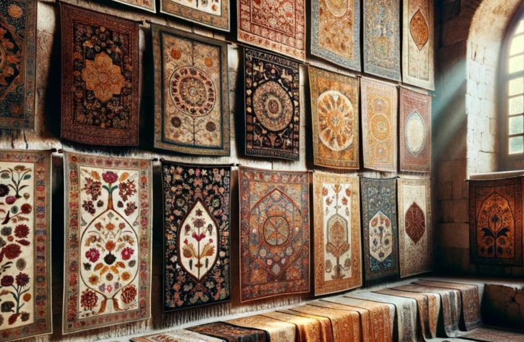 A collection of colorful tapestries with unique patterns, hanging on an ancient stone wall, illuminated by natural sunlight through large windows, showcasing the beauty of natural dyes.