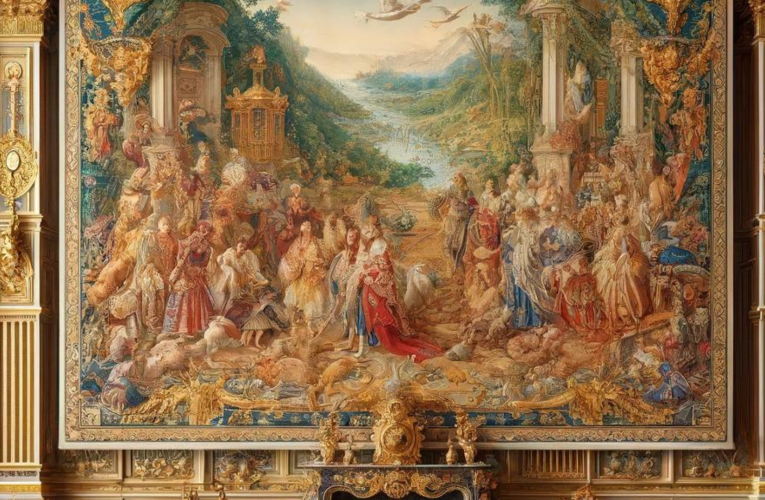 An opulent tapestry depicting wealth and artistry hangs in a grand room of a royal household, surrounded by gold detailing and antique furnishings.
