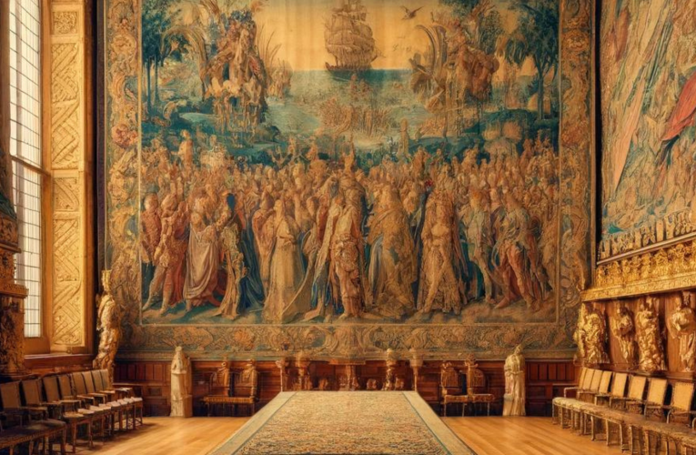 Renaissance-era royal hall with detailed tapestries depicting mythology and royal achievements, illuminated by natural light.