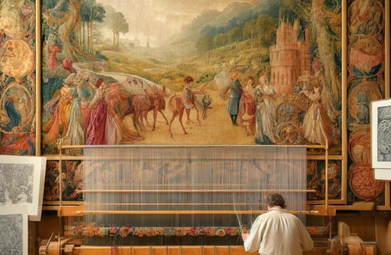 An artist weaves an intricate tapestry on a traditional loom, depicting a historical scene with detailed figures and landscapes, in a sunlit room filled with sketches and smaller tapestries.