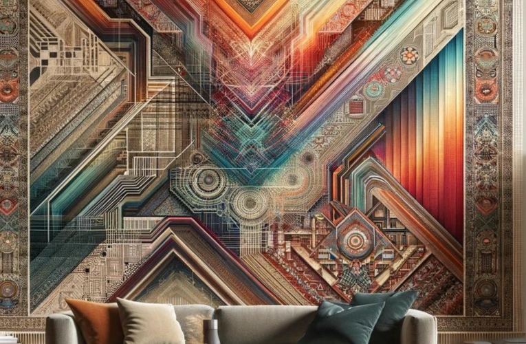A digital-art-inspired tapestry hangs in a modern interior, blending traditional weaving with futuristic designs in vibrant and rich hues, illuminated by natural light and complemented by minimalist furniture.