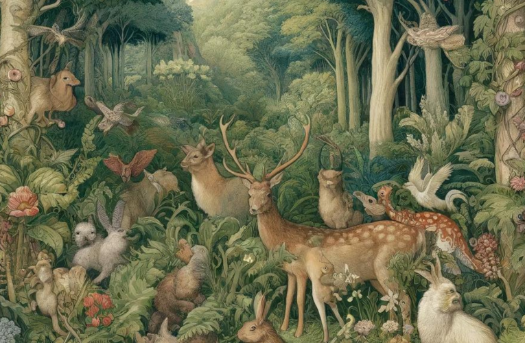 A digital illustration inspired by William Morris's "The Forest" tapestry, showcasing a lush, detailed forest scene filled with a variety of woodland animals, including deer, rabbits, and birds. The scene is rich with intricate floral and plant motifs, evoking the texture and depth of a traditional tapestry in the Arts and Crafts movement style.