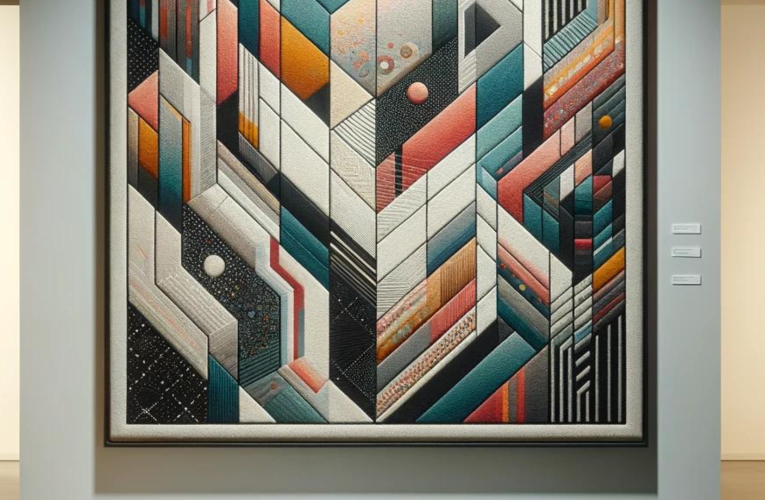 A contemporary art tapestry with abstract geometric shapes in vibrant colors, displayed in a modern art gallery, surrounded by art enthusiasts.