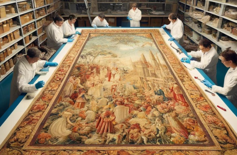 A detailed view of a historical tapestry undergoing restoration, with specialists in white gloves working meticulously to preserve its intricate beauty and historical integrity.