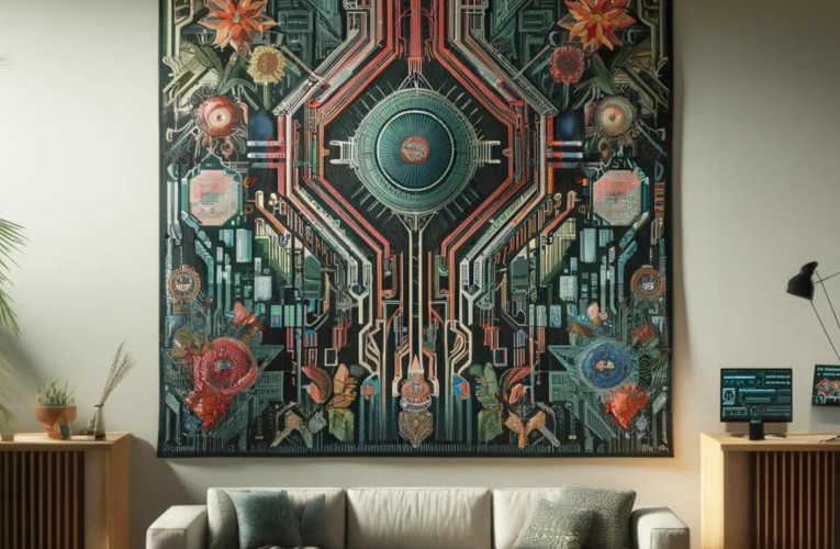 A vibrant, technologically-inspired tapestry hangs on a wall in a contemporary living room, blending traditional weaving with futuristic digital motifs like circuit patterns and digital flora.
