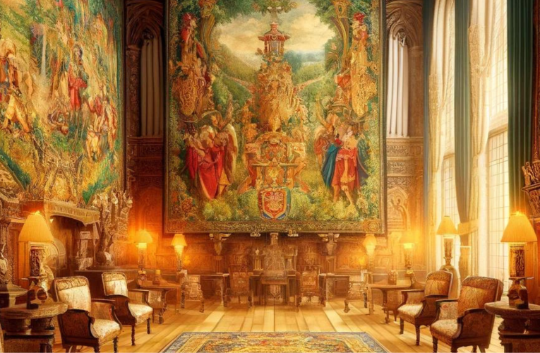 A grand room in a royal household adorned with vibrant and intricately designed tapestries, depicting medieval scenes and heraldic symbols, complemented by antique furniture and ornate decorations, all bathed in warm, golden light.