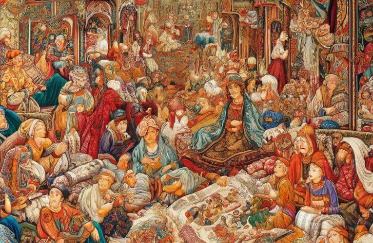 A vibrant tapestry depicting storytelling scenes with people engaged in telling and listening to stories, set against a backdrop of a marketplace where tapestries are being bought and sold.