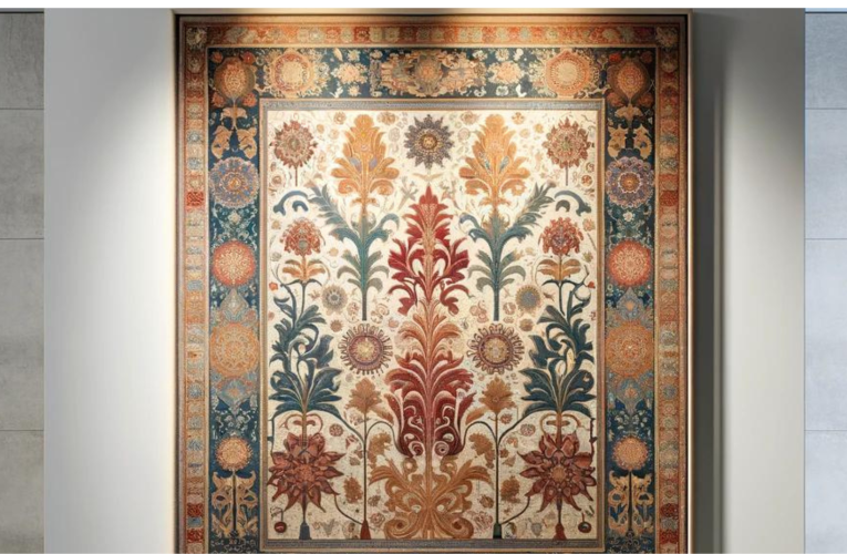 A vibrant tapestry art piece displayed in a gallery, showcasing intricate patterns and a blend of traditional and modern designs.