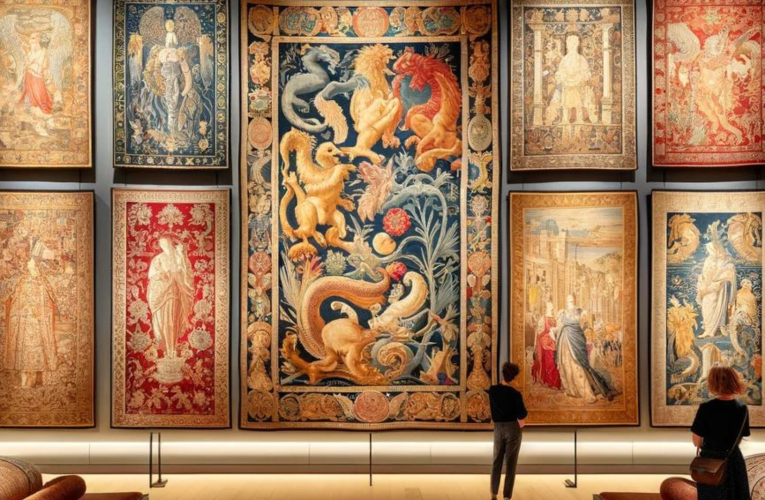 A collection of vibrant and detailed tapestries on display in a museum, with visitors admiring the intricate designs and historical artistry.