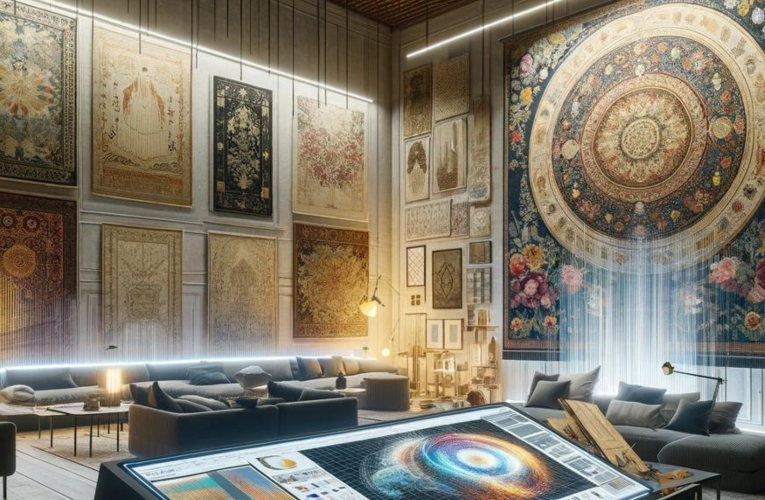 A modern interior design studio showcasing the fusion of traditional and digital tapestry design techniques, with a designer working on a computer to create intricate tapestry patterns, surrounded by a mix of classic and contemporary tapestries.
